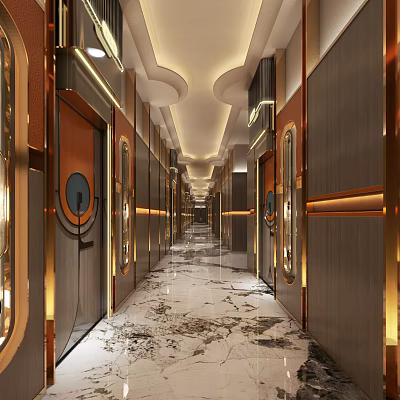 Luxury KTV Corridor Design With Golden Decor Marble Floor And Modern Lighting Features 3d model