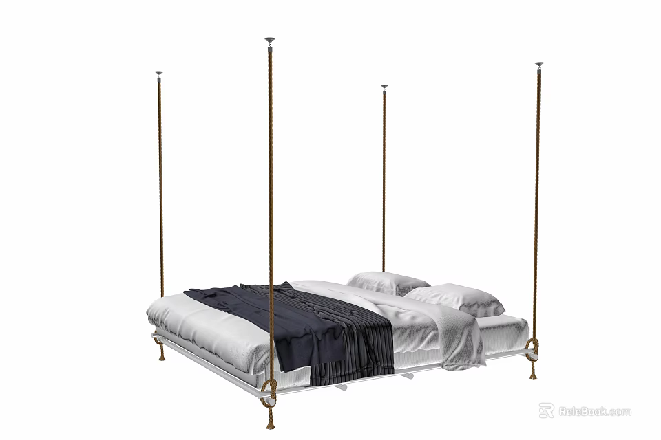 Elegant Four Poster Double Bed With White Sheets Dark Blanket And Metal Posts 3d model 
