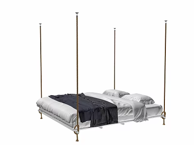 Elegant Four Poster Double Bed With White Sheets Dark Blanket And Metal Posts 3d model