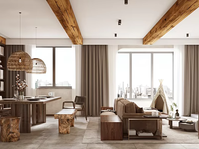 Loft Living Room Interior With Wooden Beams And City View 3d model