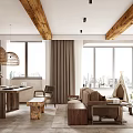 Loft Living Room Interior With Wooden Beams And City View
