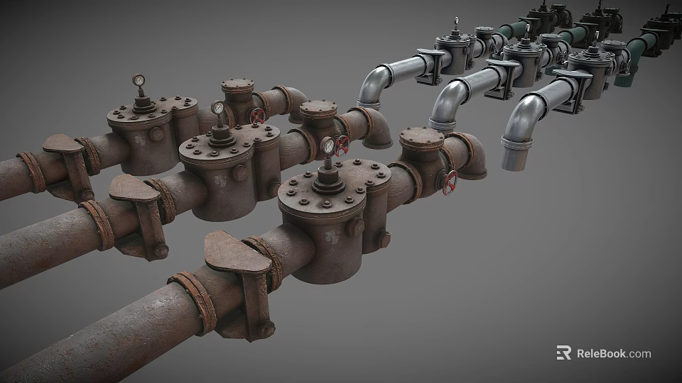 Industrial Metal Pipe Valves And Fittings With Rustic And Silver Finish Design 3d model 