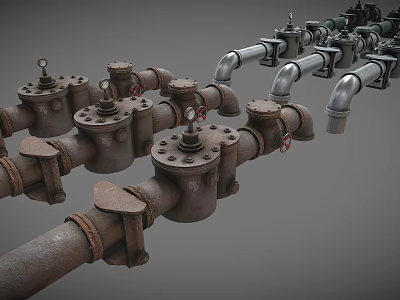 Industrial Metal Pipe Valves And Fittings With Rustic And Silver Finish Design 3d model