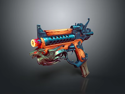 Futuristic Gun With Vibrant Orange Blue Accents And Detailed Dragon Inspired Design 3d model