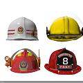 Assorted Firefighter Helmets in White Yellow Red Colors with Emblems and Logos
