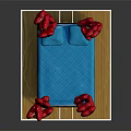 Black Bed Frame With Gold Decorative Balls Blue Mattress On Wooden Platform Red Balloons Above