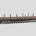 UIC Freight Train Flatbed Car Featuring Wooden Deck And Metal Stanchions On Railway Tracks