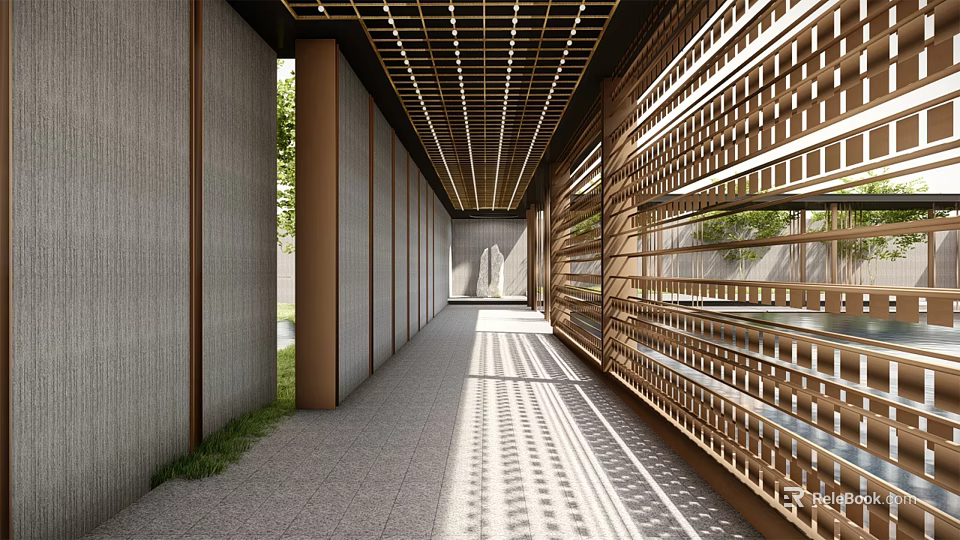Modern Corridor With Wooden Lattice Walls Light Shadow Gray Floor And Green Plants 3d model 