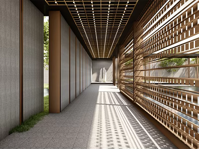 Modern Corridor With Wooden Lattice Walls Light Shadow Gray Floor And Green Plants 3d model