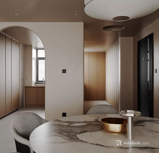 Warm Minimalist Restaurant Interior Featuring Arched Opening And Marble Dining Table With Comfortable Fabric Chairs 3d model 