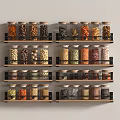 Neatly Arranged Spice Jars With Various Colored Spices On Black Shelves