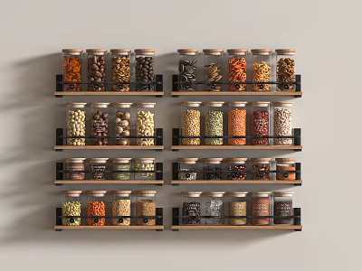 Neatly Arranged Spice Jars With Various Colored Spices On Black Shelves 3d model