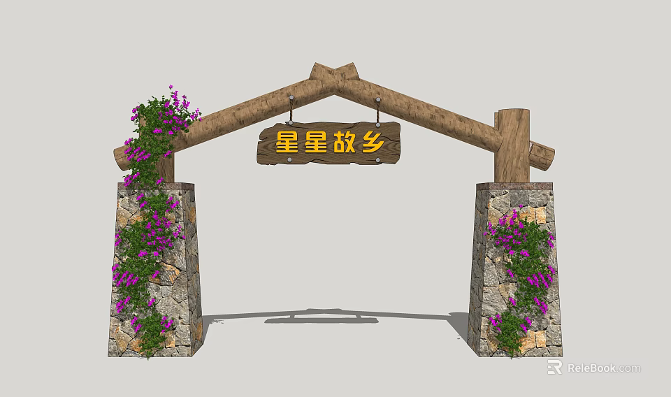 Rustic Entrance Gate With Wooden Arch Stone Pillars Purple Flowers And Sign 3d model 