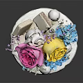 Yellow Cake With Dripping White Frosting Topped With Pink Roses Yellow And Blue Flowers
