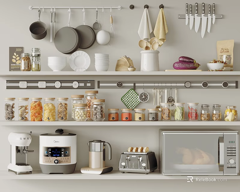Organized Kitchen Shelves With Clear Spice Jars Dry Ingredients And Appliances 3d model 