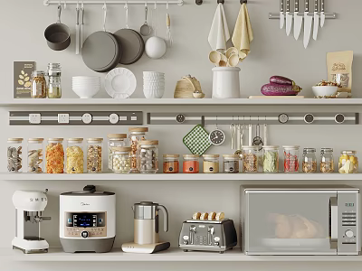 Organized Kitchen Shelves With Clear Spice Jars Dry Ingredients And Appliances 3d model