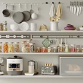 Organized Kitchen Shelves With Clear Spice Jars Dry Ingredients And Appliances