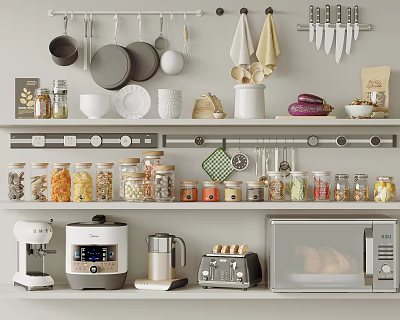 Organized Kitchen Shelves With Clear Spice Jars Dry Ingredients And Appliances 3d model