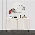 Modern Entryway Console Cabinet With Vertical Stripe Design Circular Mountain Pattern Mirror And Decor 3d model