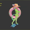 Cat Eared Girl In Yellow Top Orange Shorts With Pink Inflatable Ring Blue Tail Splashes