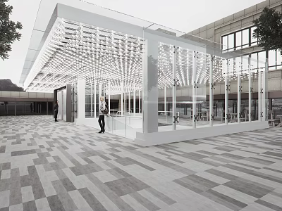 Modern Glass Structure Building With Open Design And Patterned Tiled Plaza 3d model