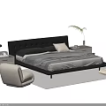 Modern Double Bed With Leather Headboard Nightstands Chair Rug And Decorative Pillows