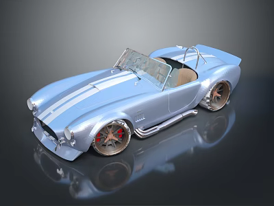 Blue Vintage Convertible Sports Car With White Stripes Red Rims And Chrome Exhaust Pipes 3d model