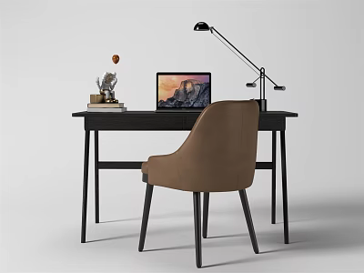 Modern Black Desk Setup With Brown Chair Laptop Desk Lamp And Decorative Books 3d model