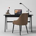 Modern Black Desk Setup With Brown Chair Laptop Desk Lamp And Decorative Books