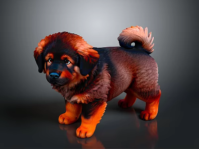Adorable Brown And Black Fluffy Puppy With Curly Tail Standing On Dark Surface 3d model