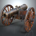 Vintage Ancient Cannon Weapon With Large Wooden Wheels And Brass Barrel
