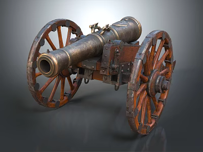 Vintage Ancient Cannon Weapon With Large Wooden Wheels And Brass Barrel 3d model