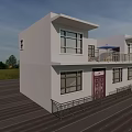Detached Villa With White Exterior Purple Door Balcony People Sitting And Blue Umbrella