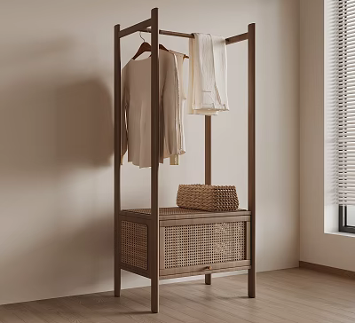 Minimalist Wooden Coat Rack With Hanging Clothes And Rattan Cabinet In Indoor Space 3d model