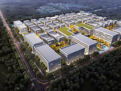 Aerial View Master Plan of Modern Industrial Park With Neatly Arranged Buildings And Greenery 3d model