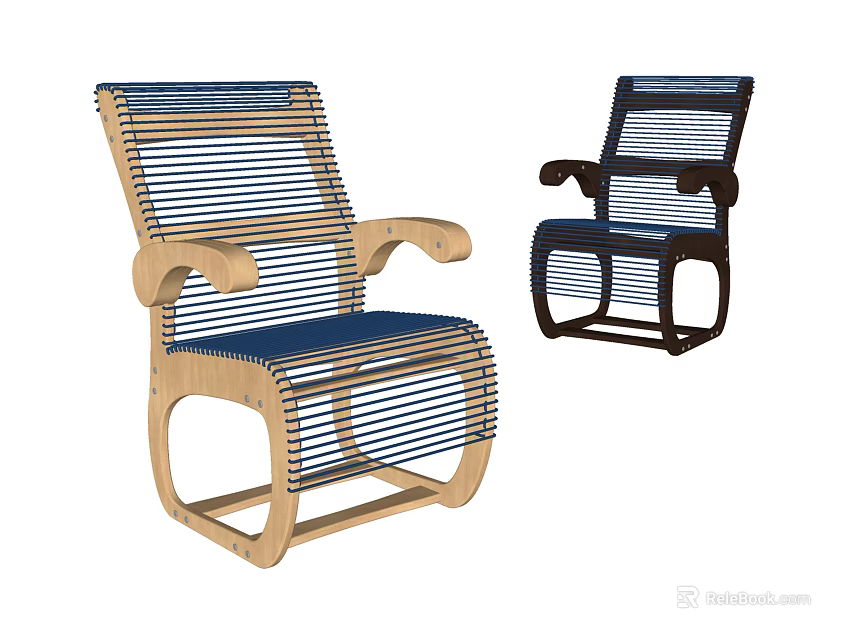 Wooden Frame Armchair With Woven Strips And Dark Blue Seat Design 3d model 