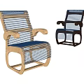 Wooden Frame Armchair With Woven Strips And Dark Blue Seat Design