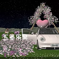 White Car Decorated With Pink Heart Flower Arch And Flowers Under Starry Sky