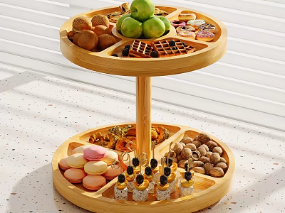 Two Tier Wooden Dessert Stand With Apples Macarons Nuts And Waffles 3d model