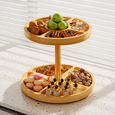 Two Tier Wooden Dessert Stand With Apples Macarons Nuts And Waffles 3d model