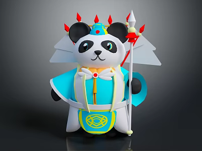 Panda Character In Traditional Blue Costume With Red Horned Hat And Spear Weapon 3d model