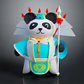 Panda Character In Traditional Blue Costume With Red Horned Hat And Spear Weapon