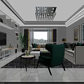 Modern Living Dining Room Interior With White Sofa Green Armchair Chandelier Bookshelves And Plants