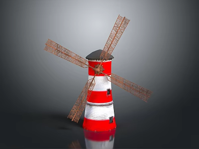 Decorative Windmill Model With Wooden Blades And Red White Striped Tower 3d model