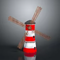 Decorative Windmill Model With Wooden Blades And Red White Striped Tower