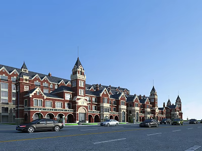 Scenic European Style Commercial Street Featuring Red Brick Buildings Towers And Cars On Road 3d model