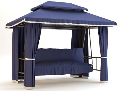 Blue Canopy Hammock Swing Chair With Metal Frame And Blue Cushion Curtains 3d model