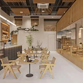 Dessert Shop Interior With Wooden Furniture Display Cases And Greenery