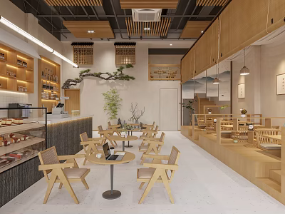 Dessert Shop Interior With Wooden Furniture Display Cases And Greenery 3d model