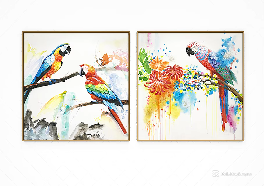 Vibrant Watercolor Animal Painting Featuring Parrot on Branch with Flowers and Two Panel White Frame 3d model 